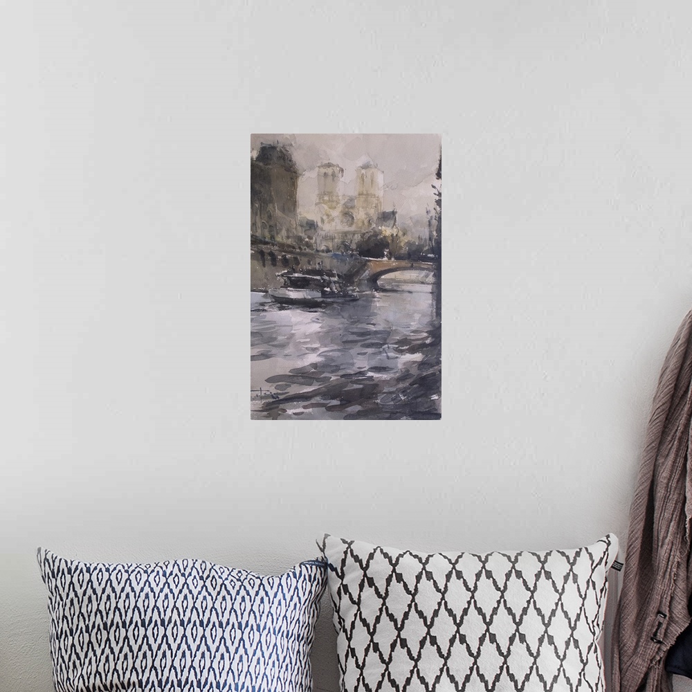 A bohemian room featuring Gestural brush strokes of subdued watercolors create a winter scene of the river Seine with Petit...