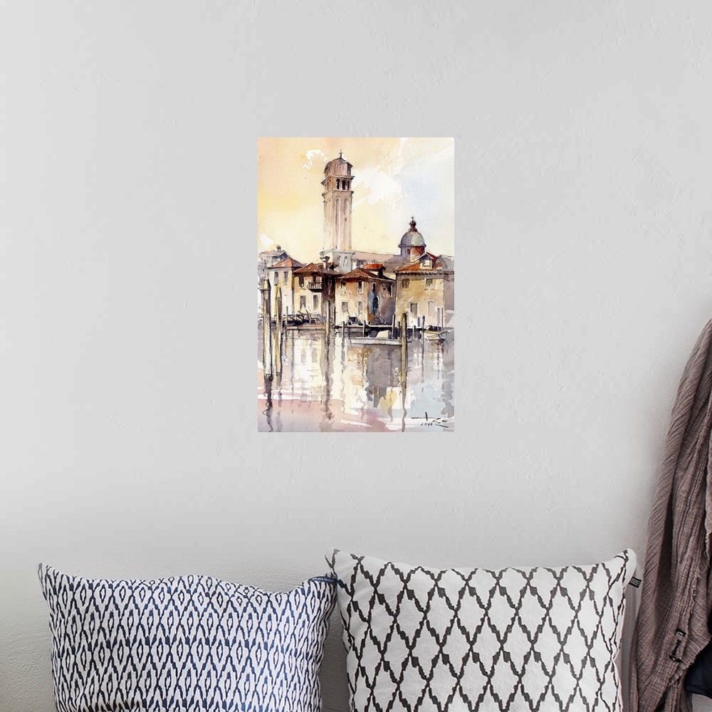 A bohemian room featuring This contemporary artwork features warm shades with pops of blue to create a Venice landscape in ...