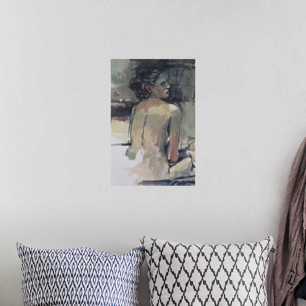 A bohemian room featuring This contemporary artwork features a nude woman seated shaped from moody blues offset by warm tones.