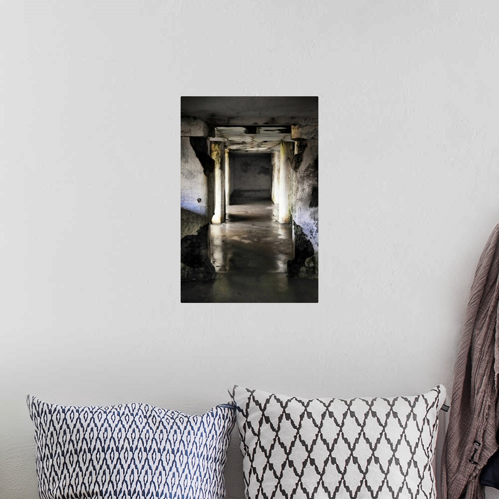 A bohemian room featuring A dark wet underground hallway in decay