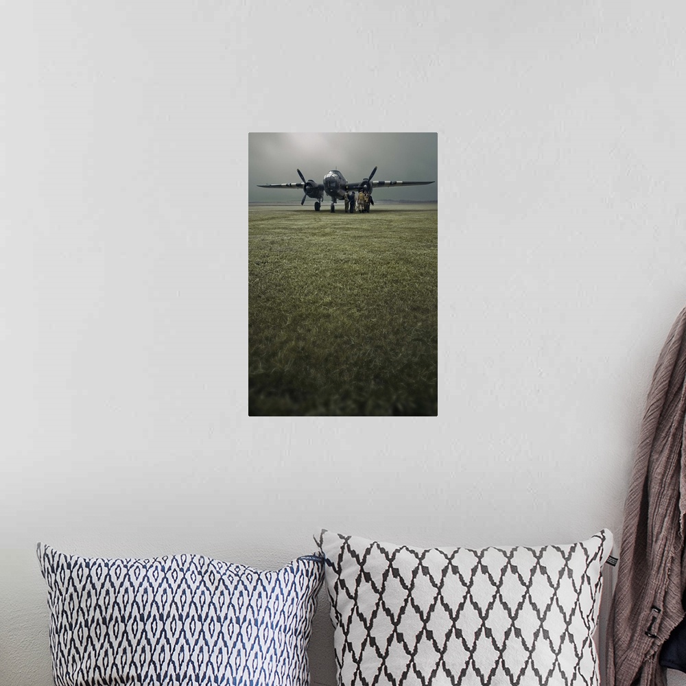 A bohemian room featuring A B-25 Mitchell bomber and crew at dawn in portrait.