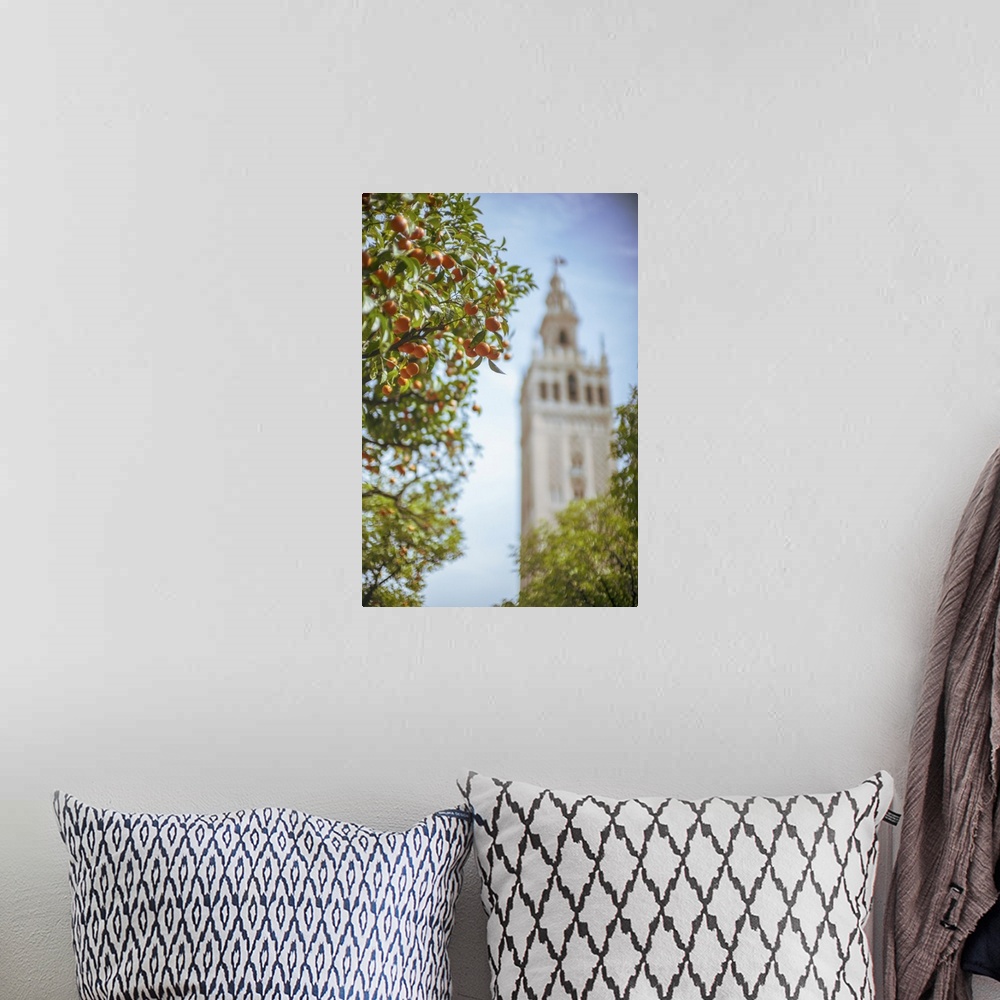 A bohemian room featuring The Giralda Tower from the Court of the Oranges, Seville, Spain.