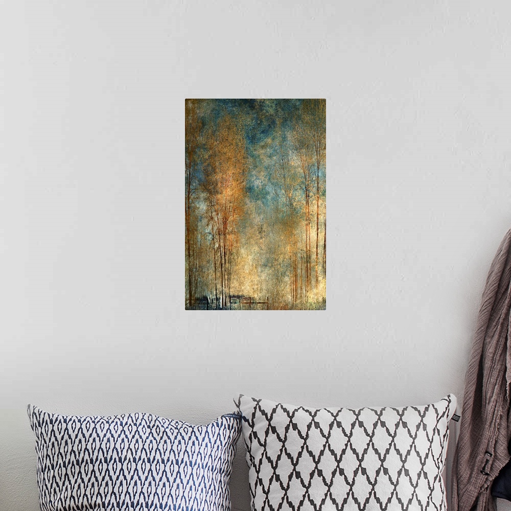 A bohemian room featuring Impressionist view of tall, bare golden trees against a blue sky.