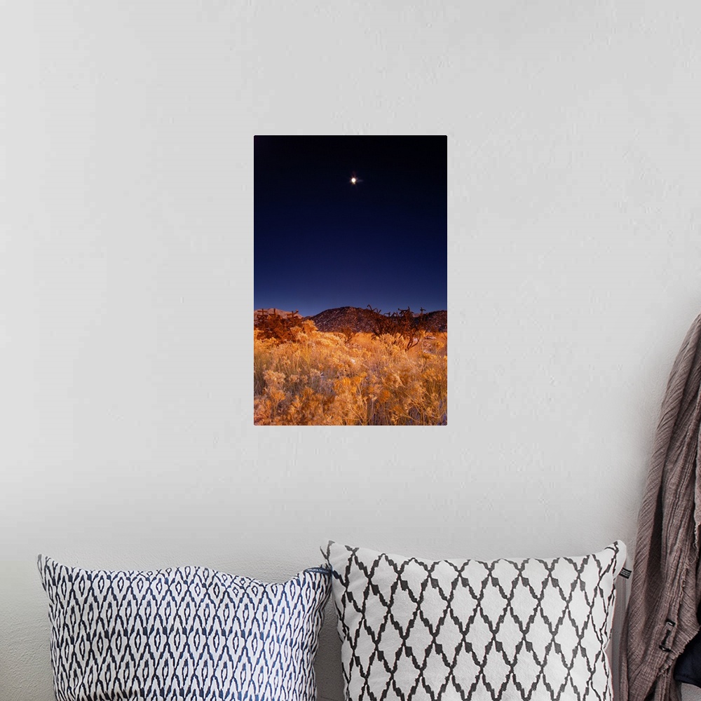 A bohemian room featuring Sandia mountains desert twilight landscape moon rise, New Mexico