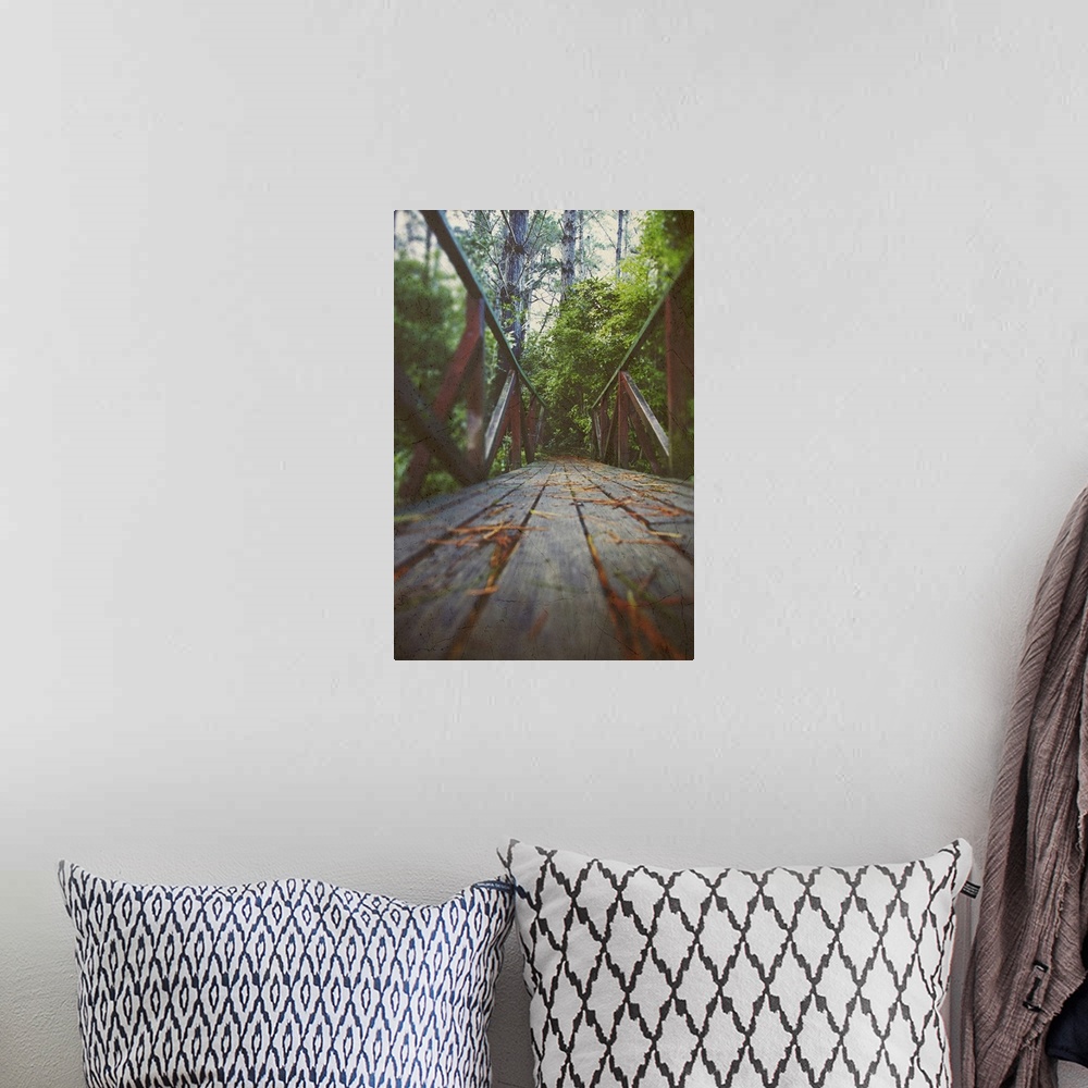 A bohemian room featuring low angle view of a wooden bridge leading into a forest