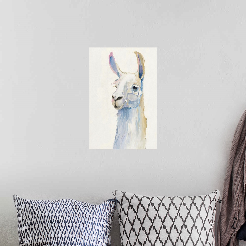 A bohemian room featuring Pastel portrait of a cute llama.