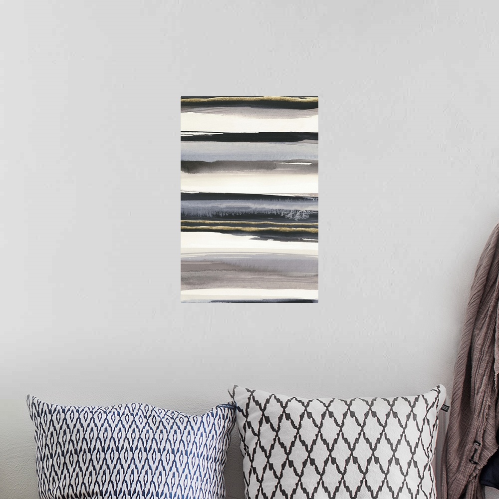 A bohemian room featuring Abstract contemporary painting with horizontal stripes in black, grey, and gold.