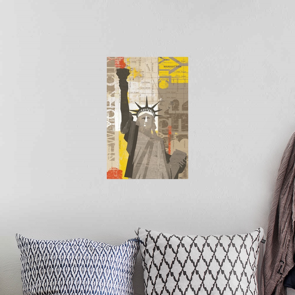 A bohemian room featuring Contemporary artwork of the Statue of Liberty in cut out fashion with map of New York and text in...