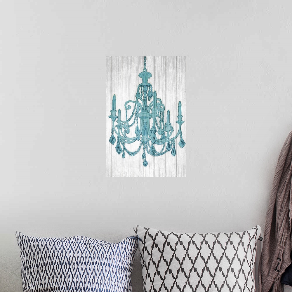 A bohemian room featuring Contemporary artwork of a teal chandelier against a gray background.