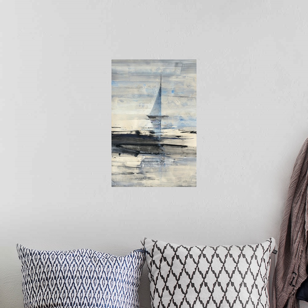 A bohemian room featuring A vertical abstract landscape of a sailboat in the water with black brush strokes overlaying.
