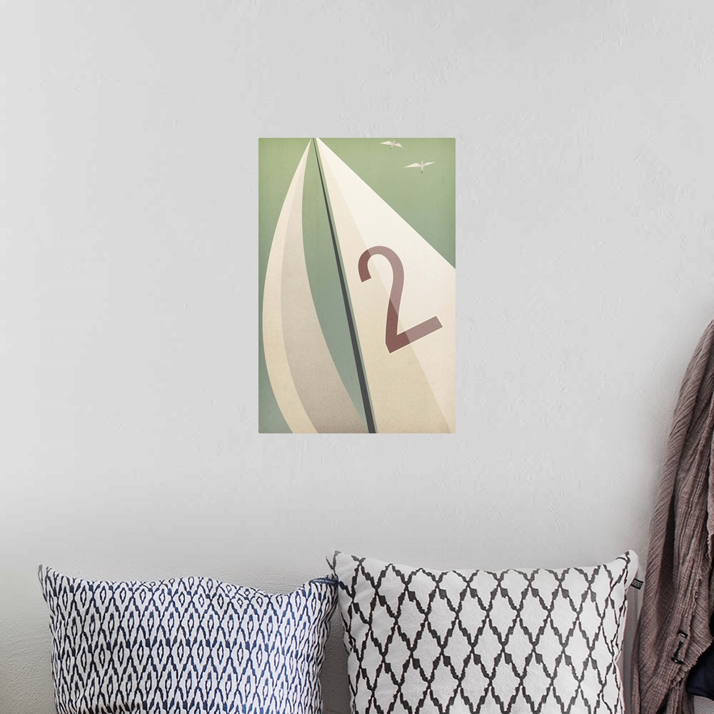 A bohemian room featuring Contemporary artwork of a sail with a number on it against a pale green background.