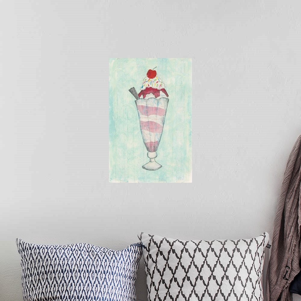 A bohemian room featuring Cute painting of ice cream in a tall glass with a cherry on top.