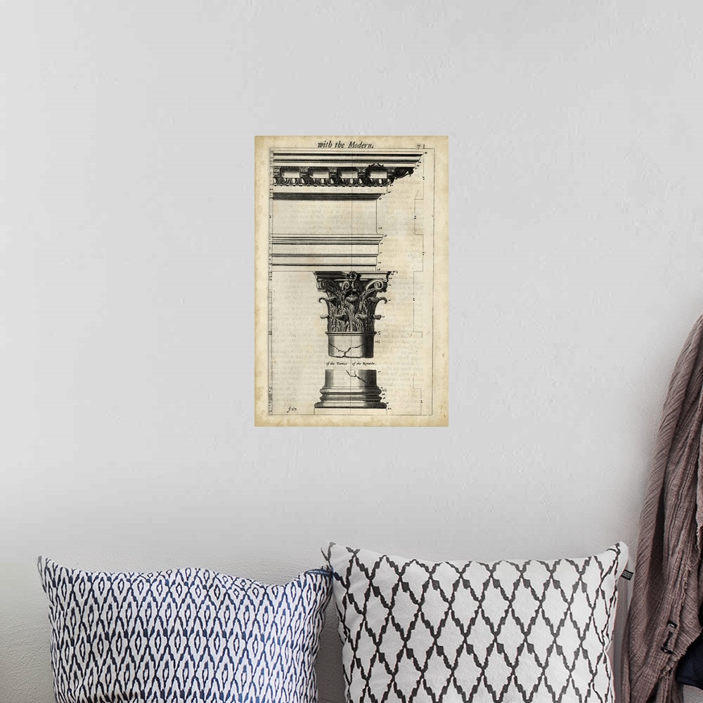 A bohemian room featuring Vintage art work of an architectural diagram.