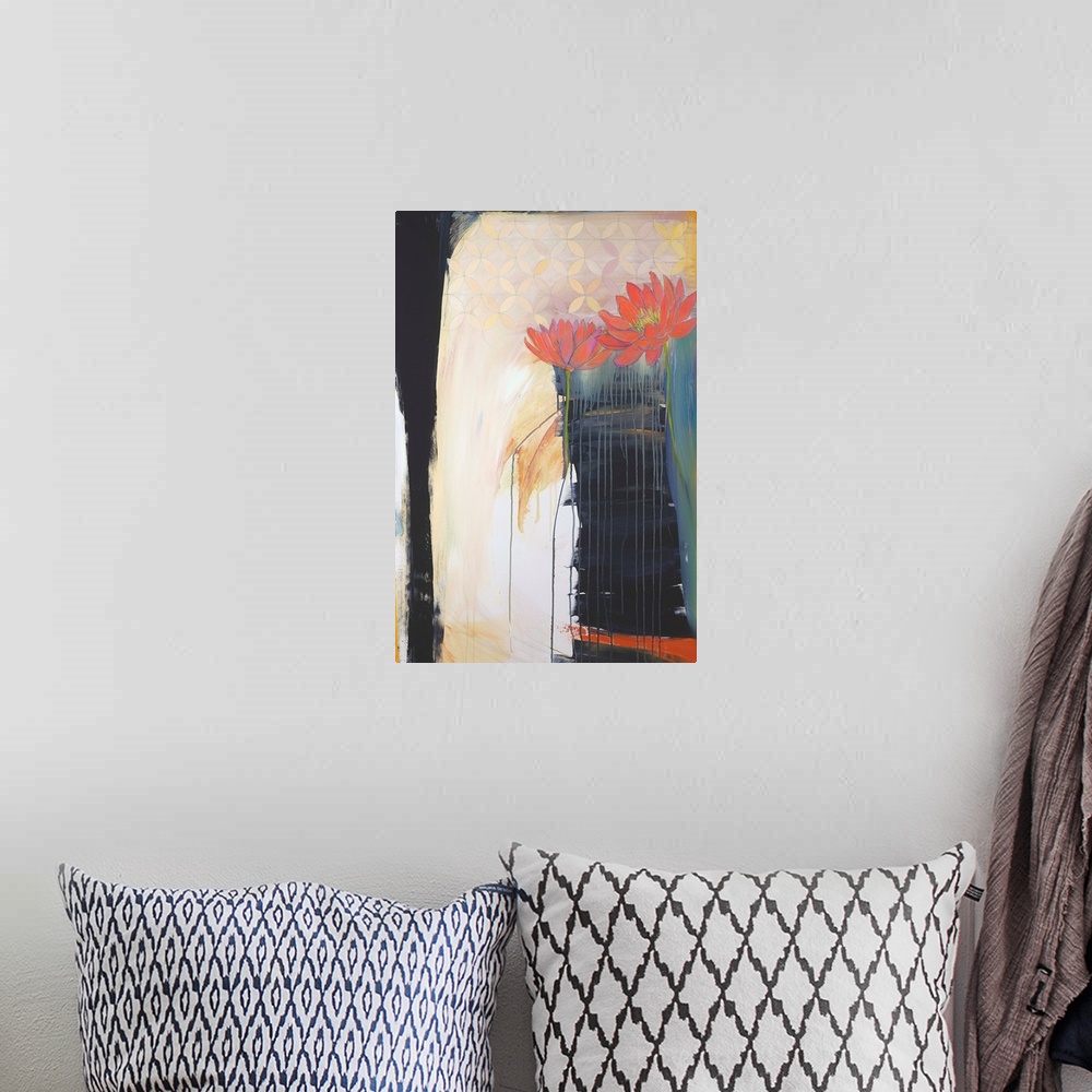 A bohemian room featuring Contemporary still-life abstract painting of flowers.