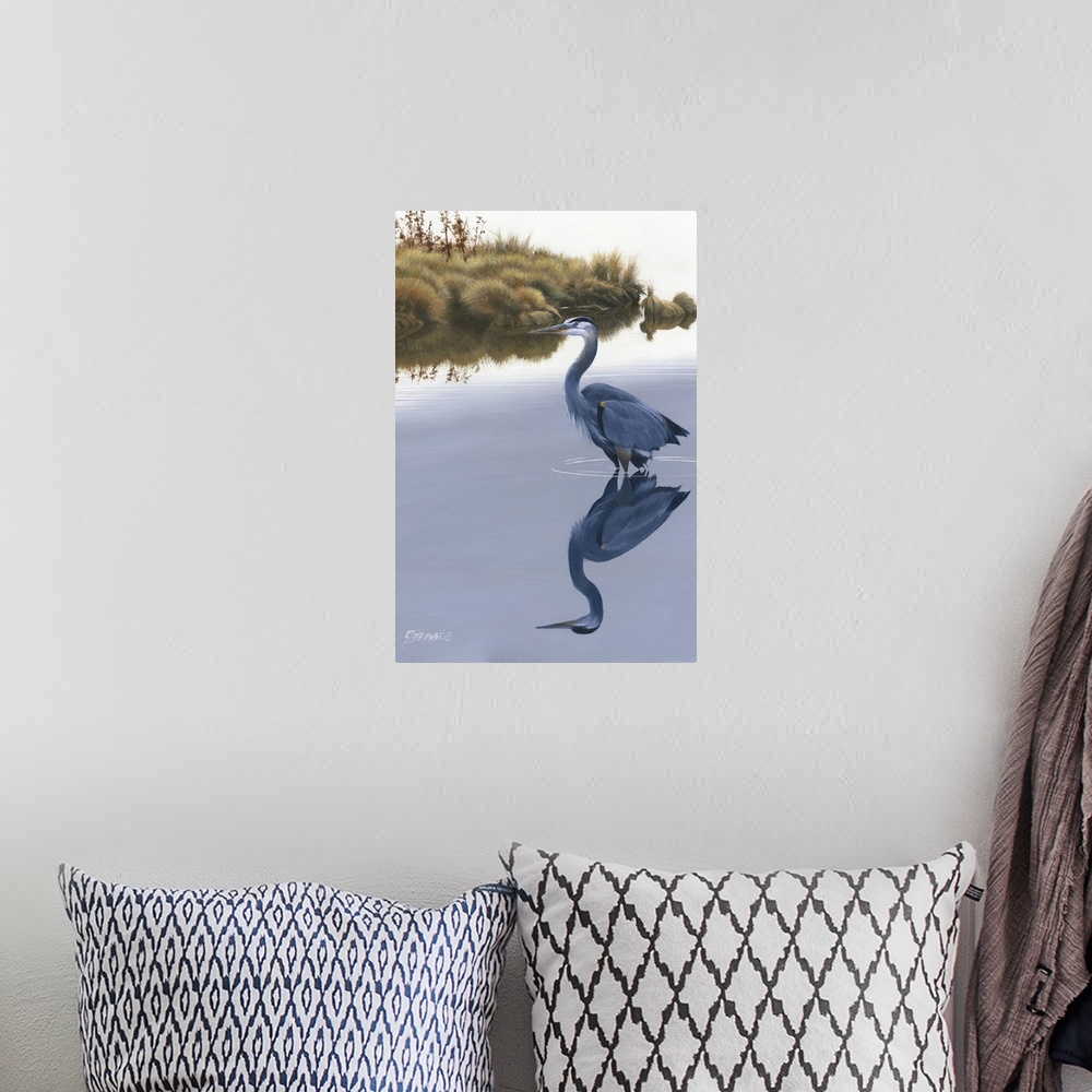 A bohemian room featuring Contemporary painting of a heron standing in still water.