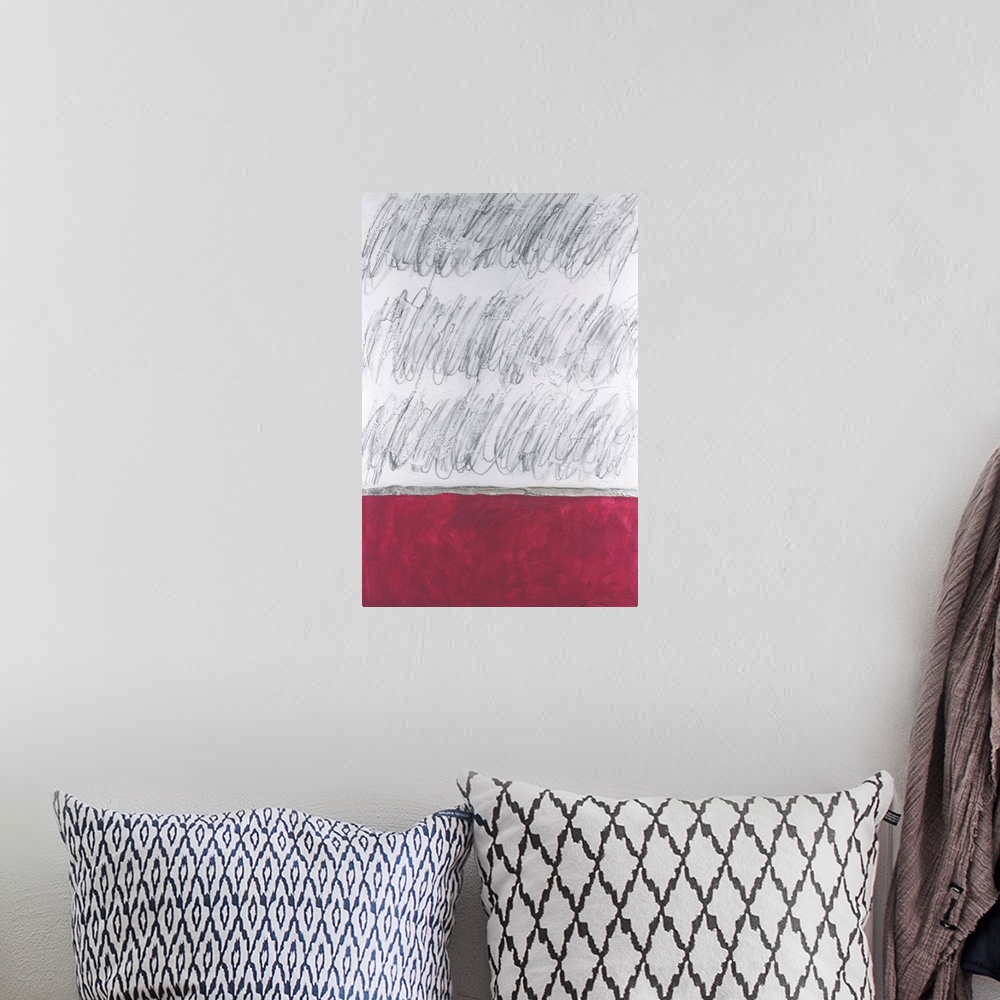A bohemian room featuring A vertical contemporary abstract image with charcoal scribbles above a solid red block