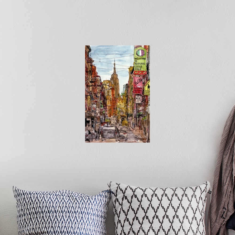 A bohemian room featuring Illustration of a street scene with skyscrapers in New York City.