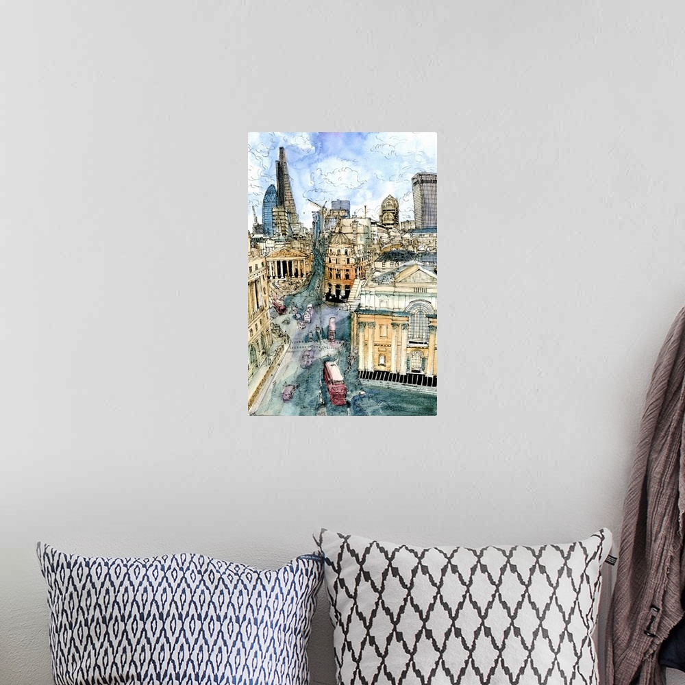 A bohemian room featuring Watercolor illustration of a street scene in downtown London, England.