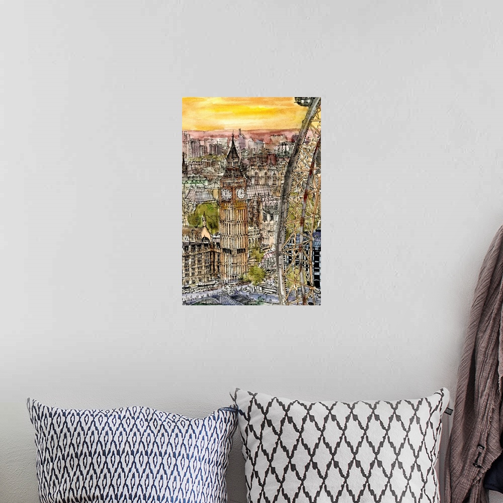 A bohemian room featuring Illustrated cityscape of London at sunset with a view of Big Ben and the London Eye.