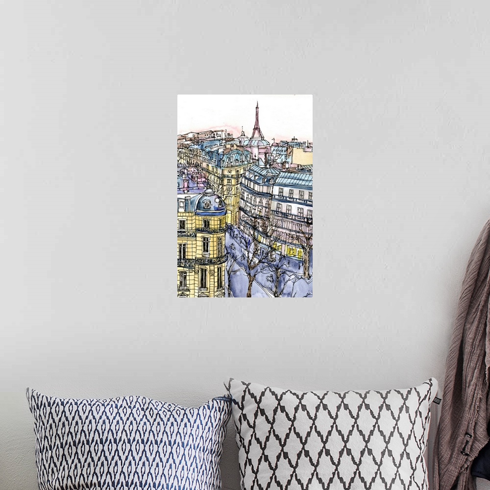 A bohemian room featuring Illustrated cityscape of Paris with a view of the Eiffel Tower and urban buildings.