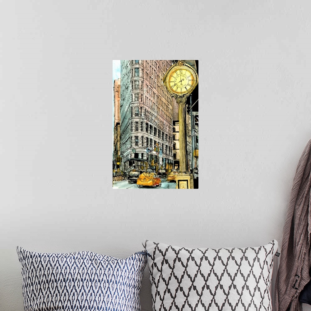 A bohemian room featuring Illustrated cityscape of New York City with taxi cabs and a street clock.