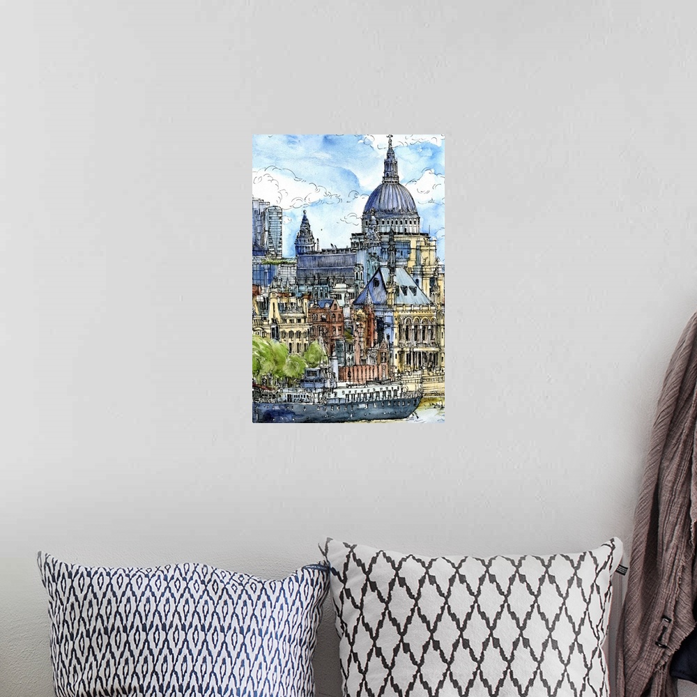 A bohemian room featuring Illustrated cityscape with historic buildings and a ferry.