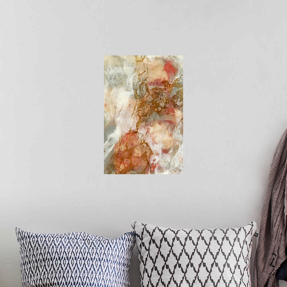 A bohemian room featuring Contemporary abstract painting in nude tones and bubbling, organic shapes.
