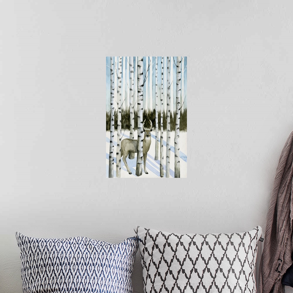 A bohemian room featuring Illustration of a deer hiding in aspen trees in the winter.