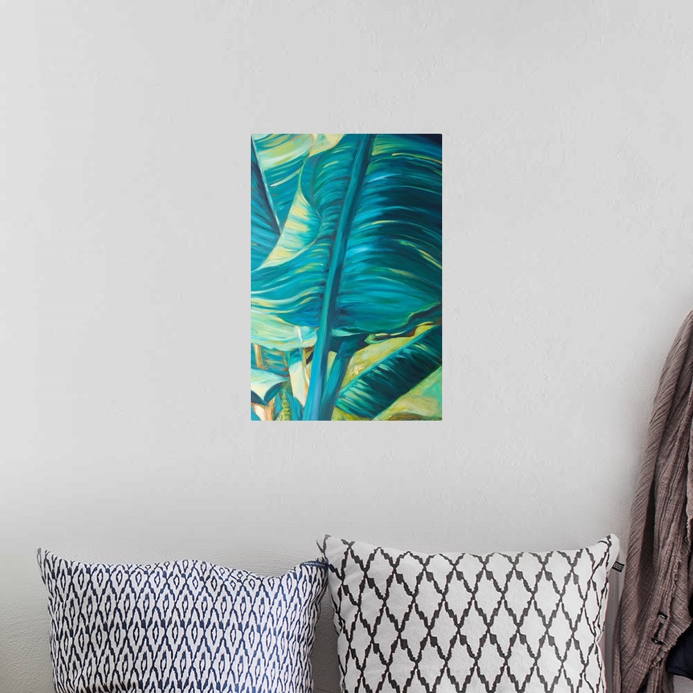 A bohemian room featuring Vibrant colors and energetic brush strokes create youthful, tropical leaves in this contemporary ...