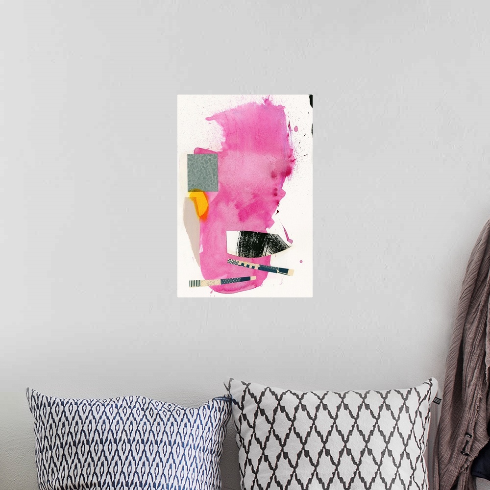 A bohemian room featuring Colorful abstract painting using a variety of colors and shapes.