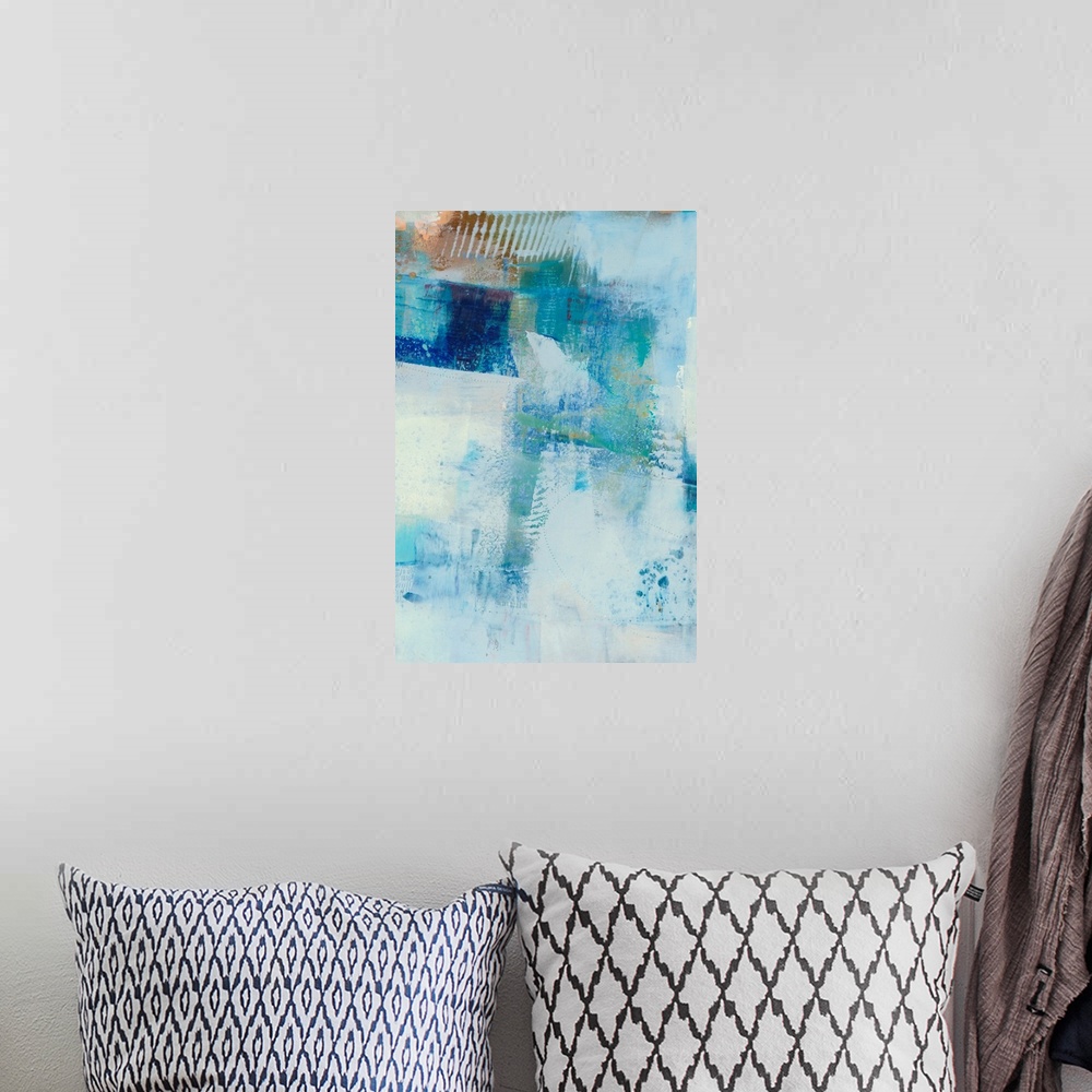 A bohemian room featuring Vertical abstract painting made in shades of blue with gold accents and lines etched in the thick...