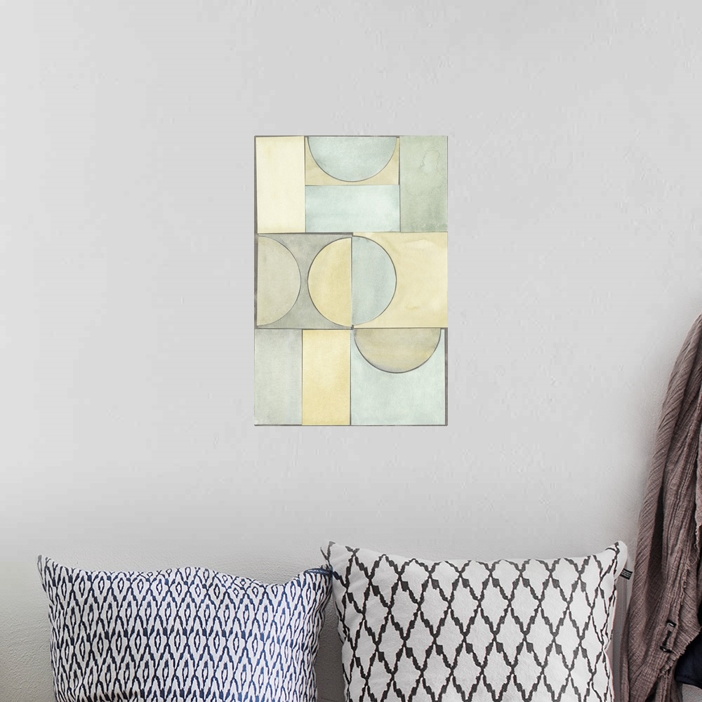 A bohemian room featuring Contemporary abstract painting with pastel geometric shapes.