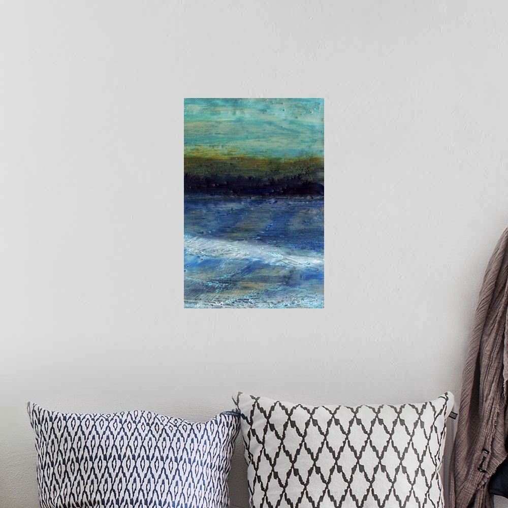 A bohemian room featuring Contemporary painting of a stormy sea with a dark horizon.
