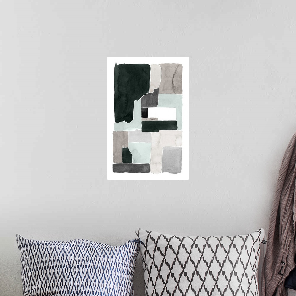 A bohemian room featuring Contemporary abstract painting with blocks of grey and black on a white background.