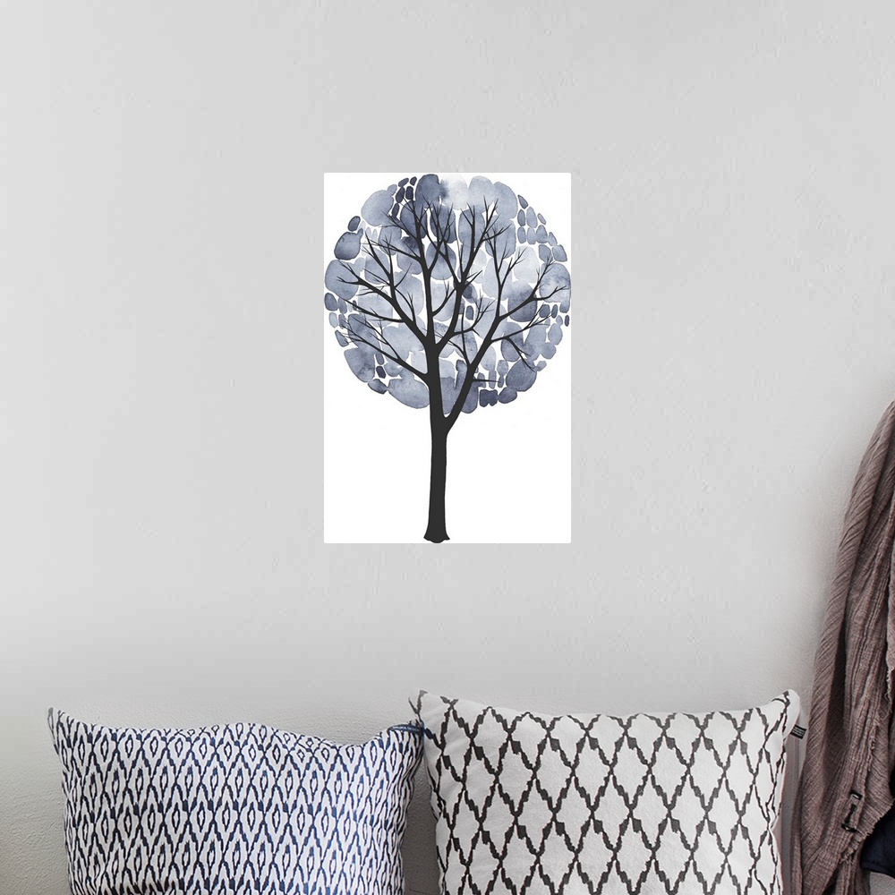 A bohemian room featuring Painting of a tree with grey watercolor leaves.