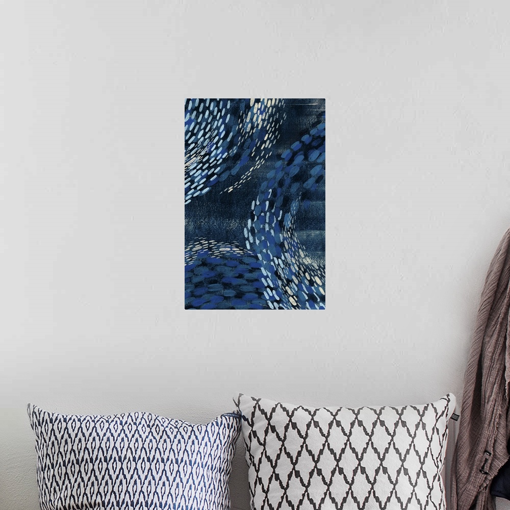 A bohemian room featuring Contemporary abstract painting in shades of deep blue with curving patterns.
