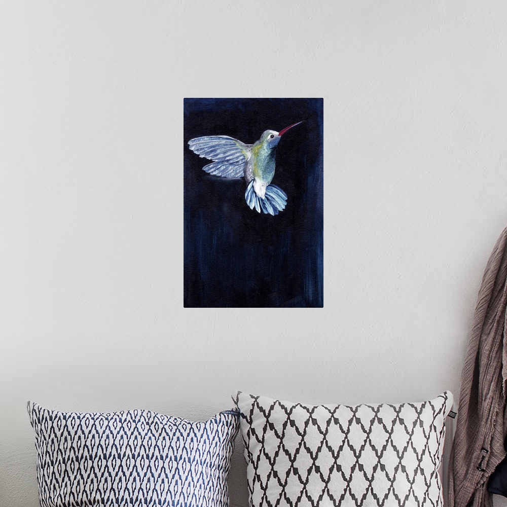 A bohemian room featuring Painting of a hummingbird in flight against a dark background.