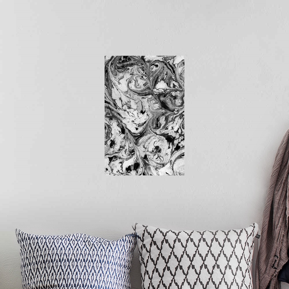 A bohemian room featuring Mottled black and white textures that have been liquefied in some areas fill this abstract art.