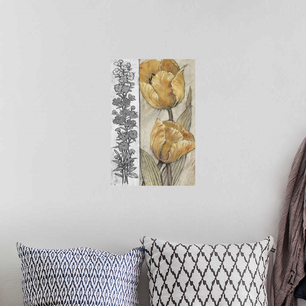 A bohemian room featuring Lively brush strokes create warm golden tulips over a textured gray background with strip of gray...