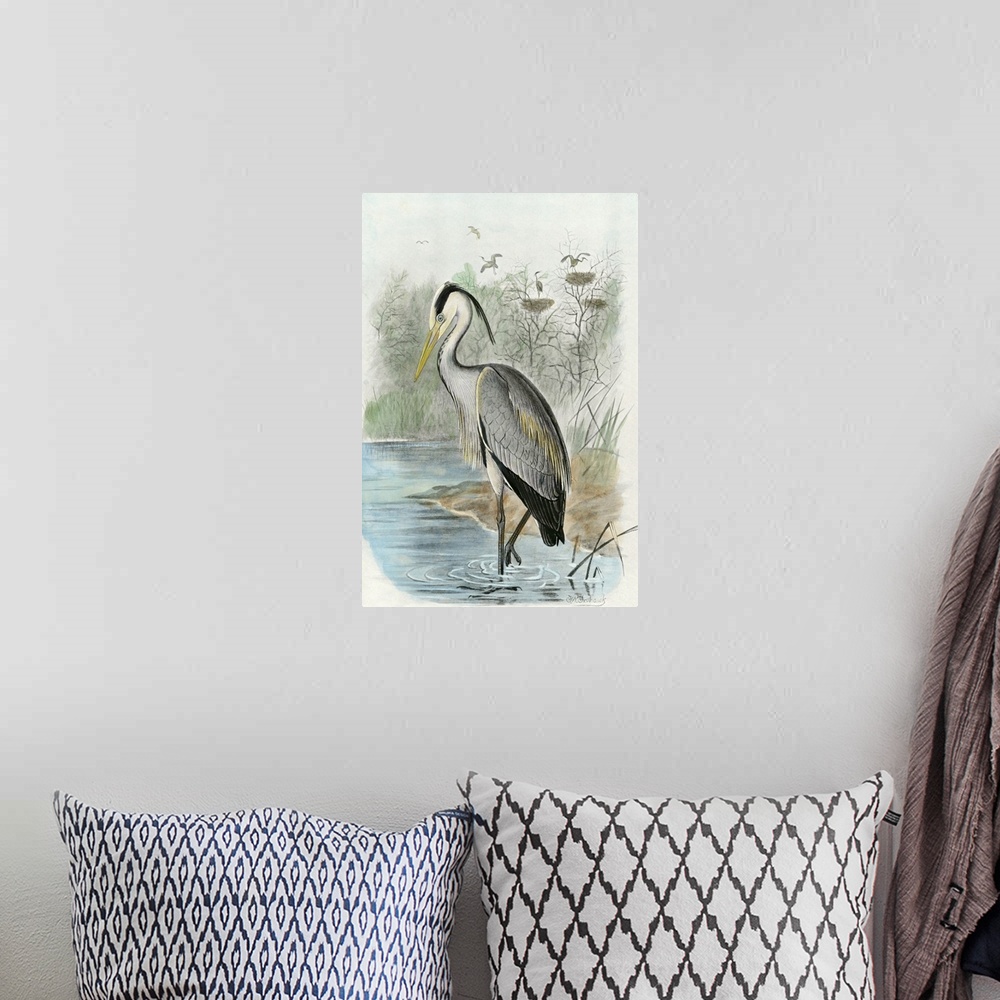 A bohemian room featuring Vintage style illustration of a common heron standing in a marshland.