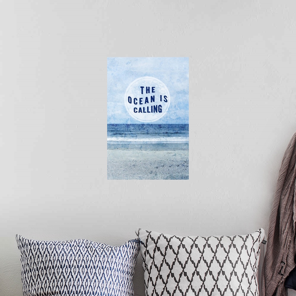 A bohemian room featuring "The Ocean Is Calling" in the center of a circle on a textured image of ocean waves.