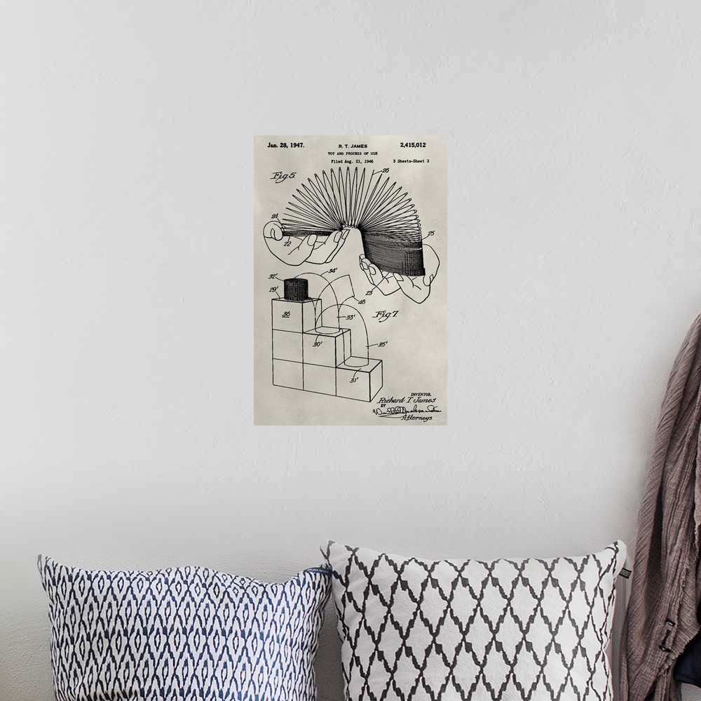 A bohemian room featuring Vintage patent illustration of a slinky.