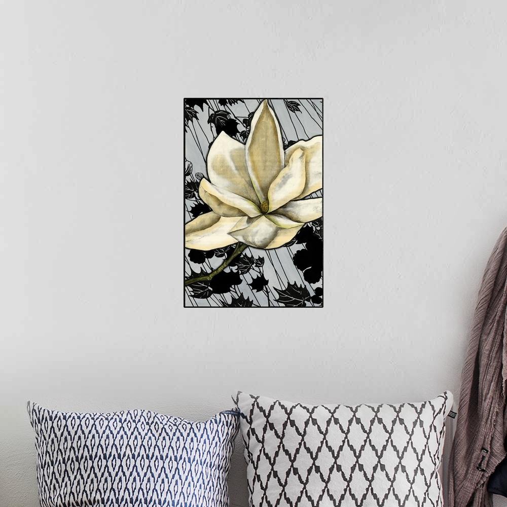 A bohemian room featuring Contemporary artwork of a vintage stylized magnolia flower reminiscent of art nouveau.