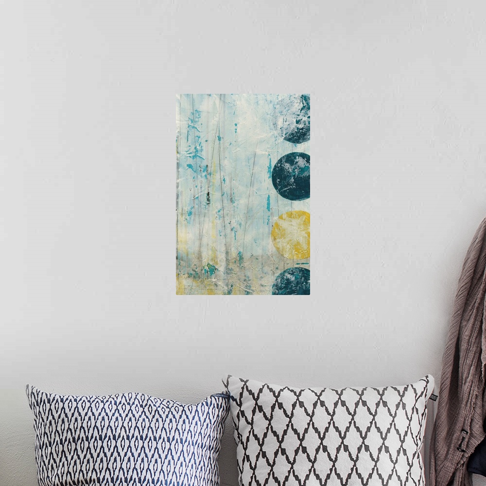 A bohemian room featuring Contemporary abstract painting using geometric shapes and weathered rustic colors.
