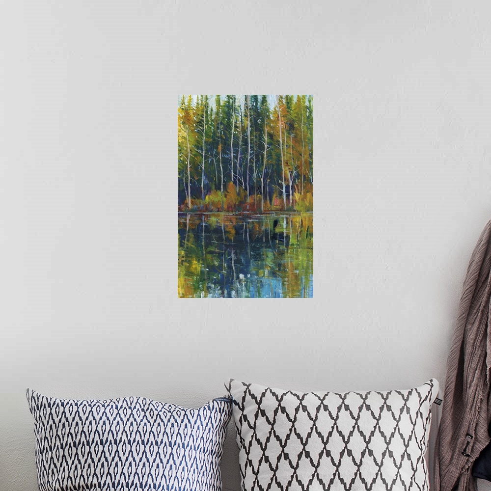 A bohemian room featuring Contemporary painting of a forest at the edge of a stream.