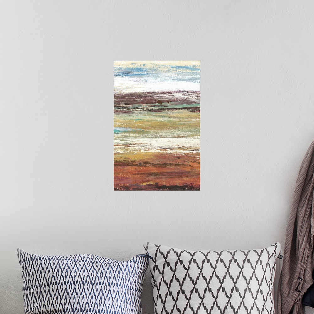 A bohemian room featuring Abstract artwork of horizontal bands of rust and beige, resembling a landscape.