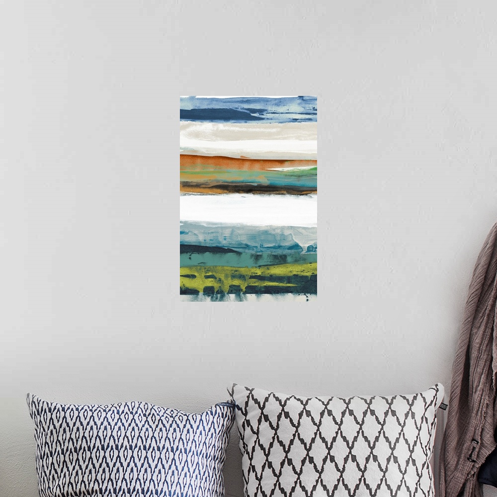 A bohemian room featuring Contemporary abstract painting using cool and warm tones to create horizontal lines.