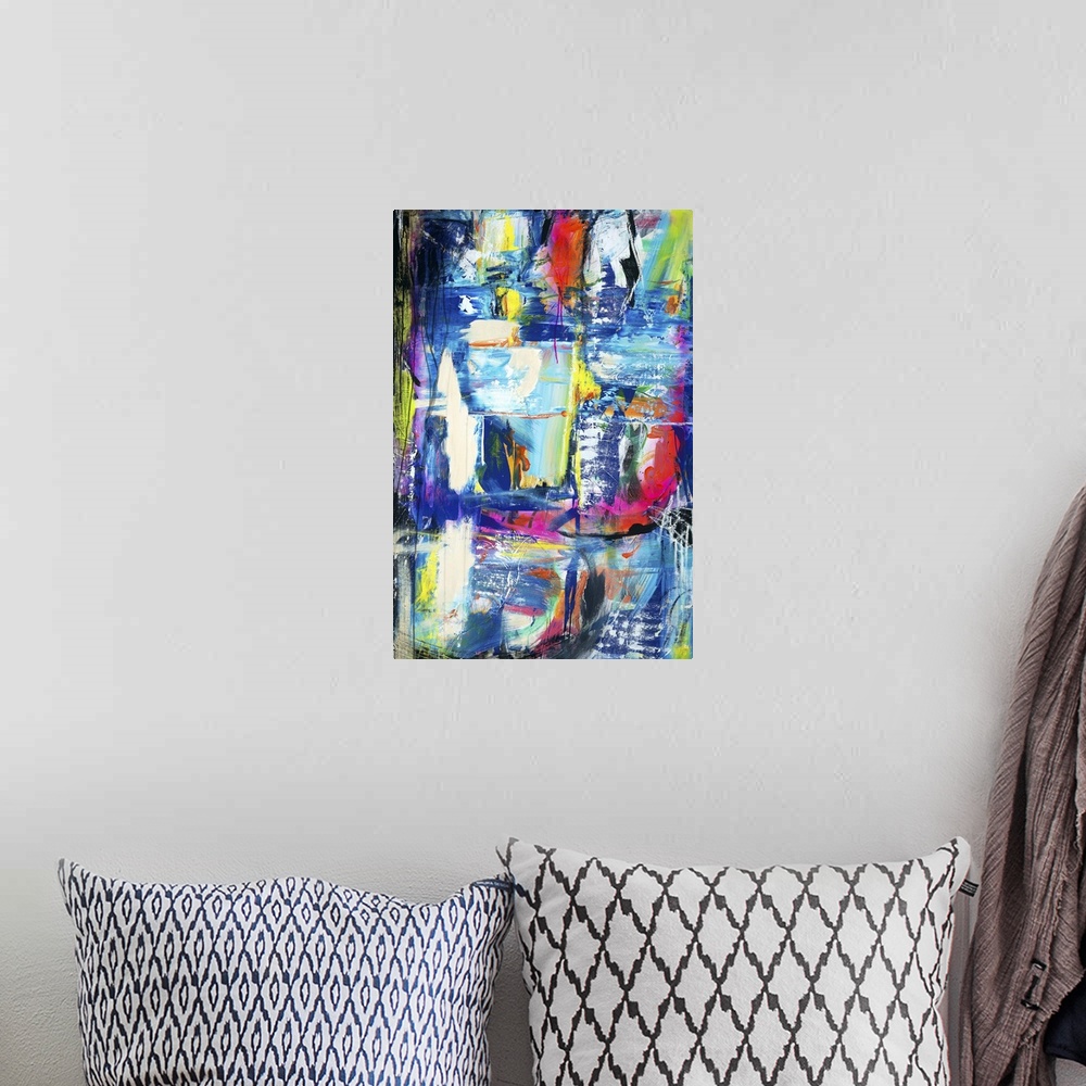 A bohemian room featuring Contemporary abstract painting using wild colors and graffiti-like strokes.