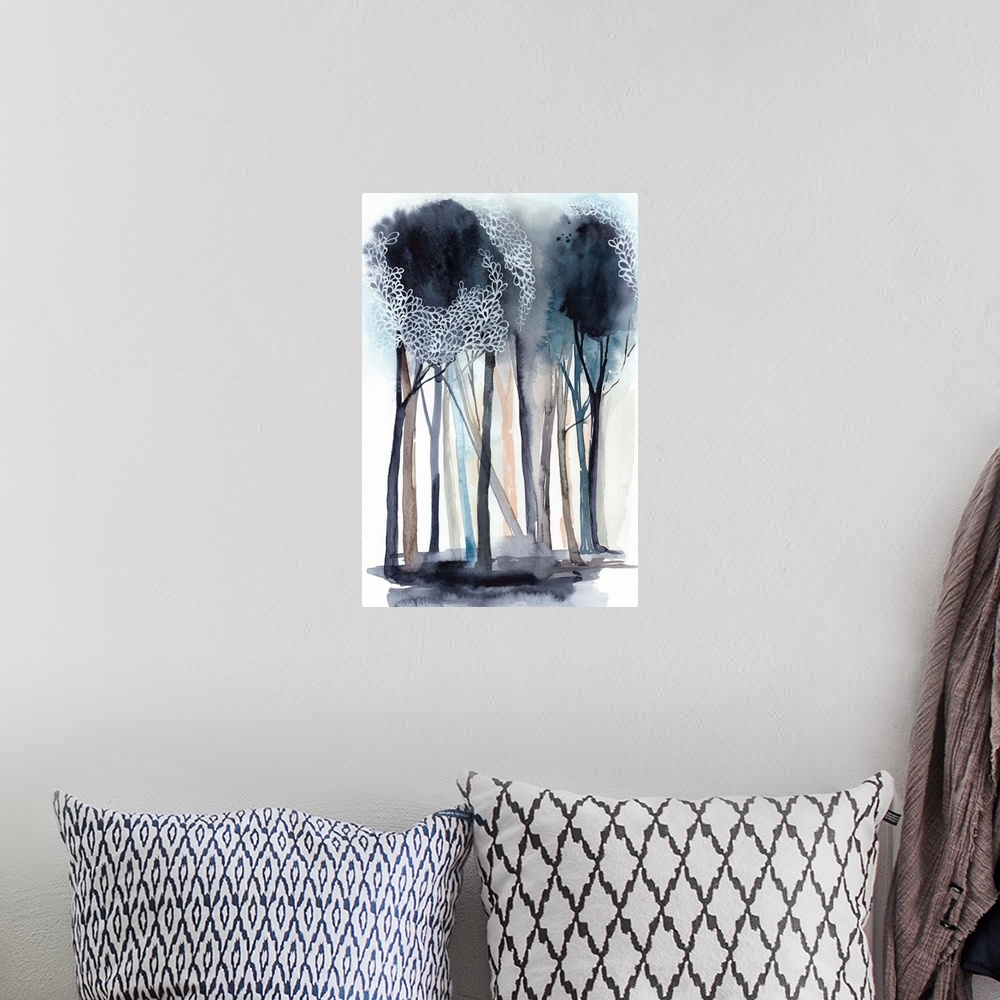 A bohemian room featuring Watercolor painting of a forest in shades of grey and blue.