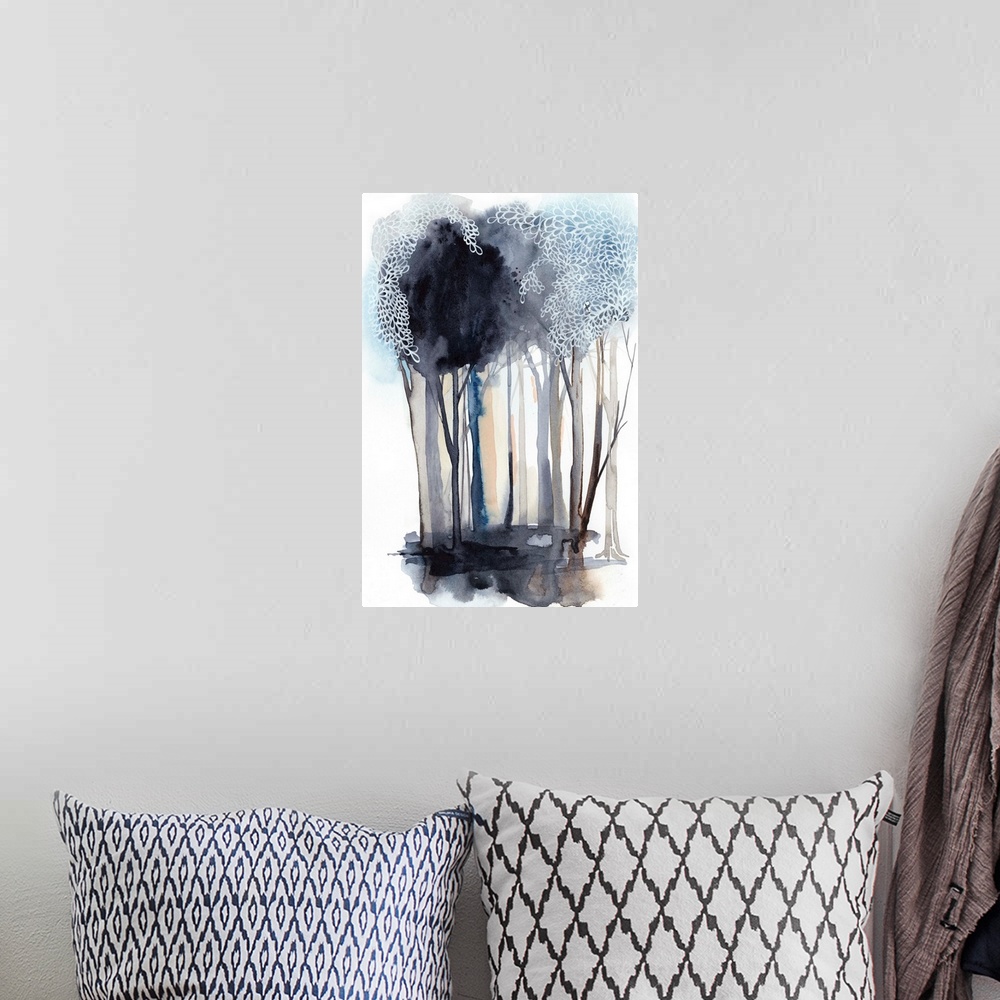 A bohemian room featuring Watercolor painting of a forest in shades of grey and blue.